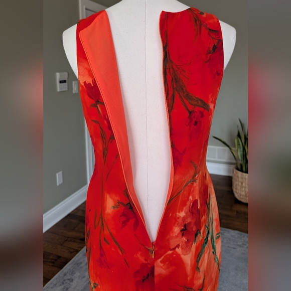 Vintage Joseph Ribkoff Floral Sheath Dress Orange Red Watercolor Print Size 8 - Picture 6 of 16